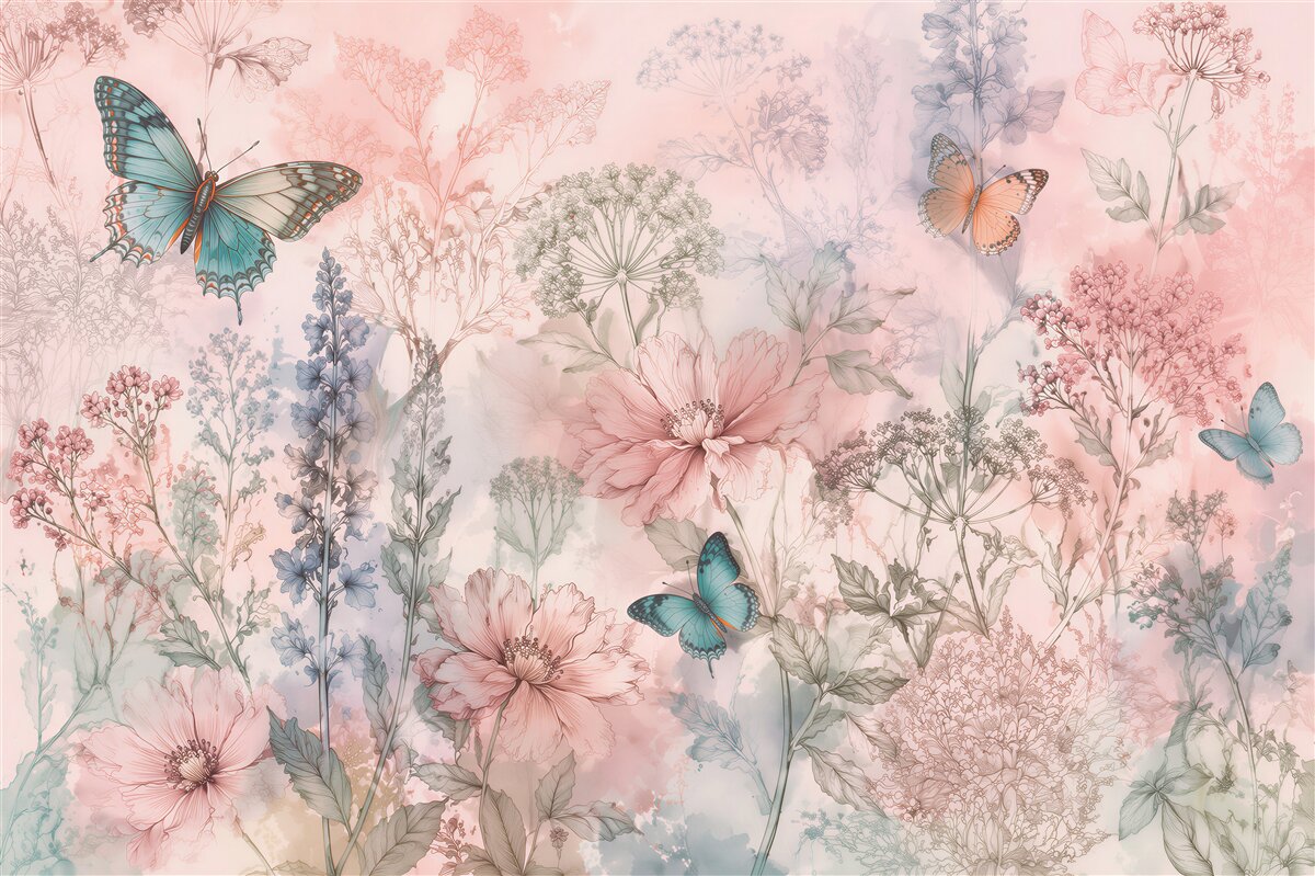 Papier peint prairie pastel avec des papillons