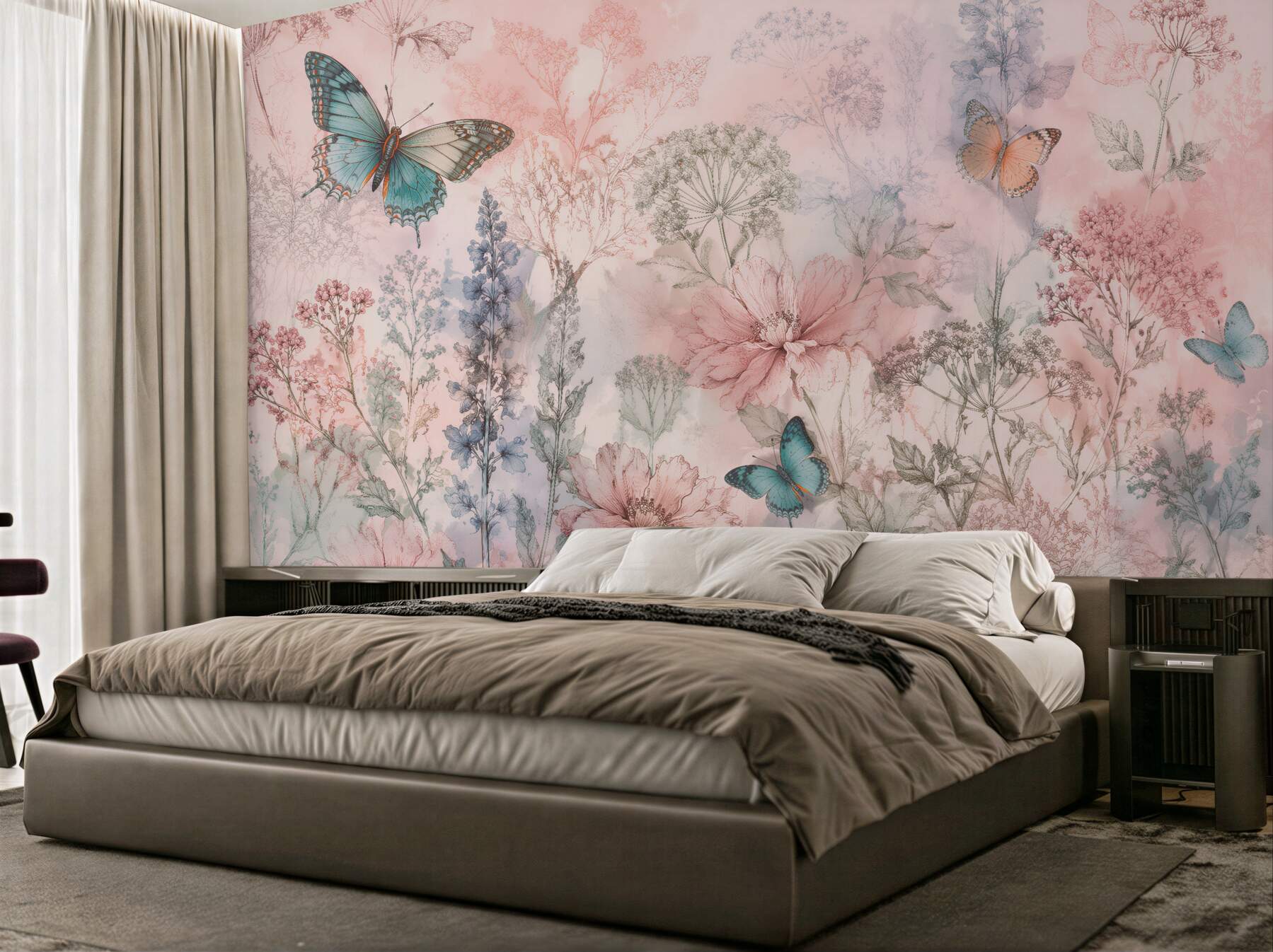 Papier peint prairie pastel avec des papillons