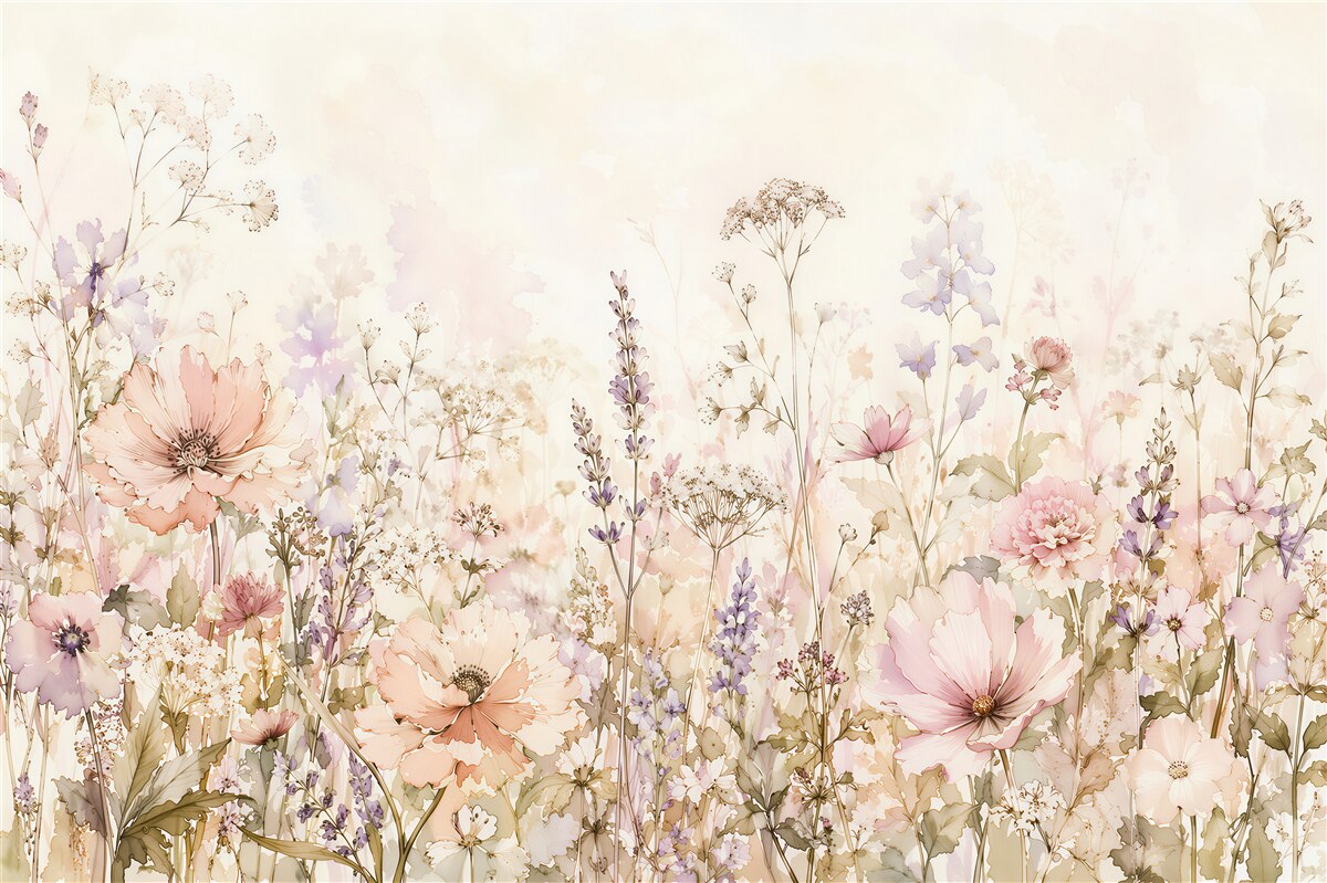 Papier peint prairie pastel dans des fleurs aquarelles
