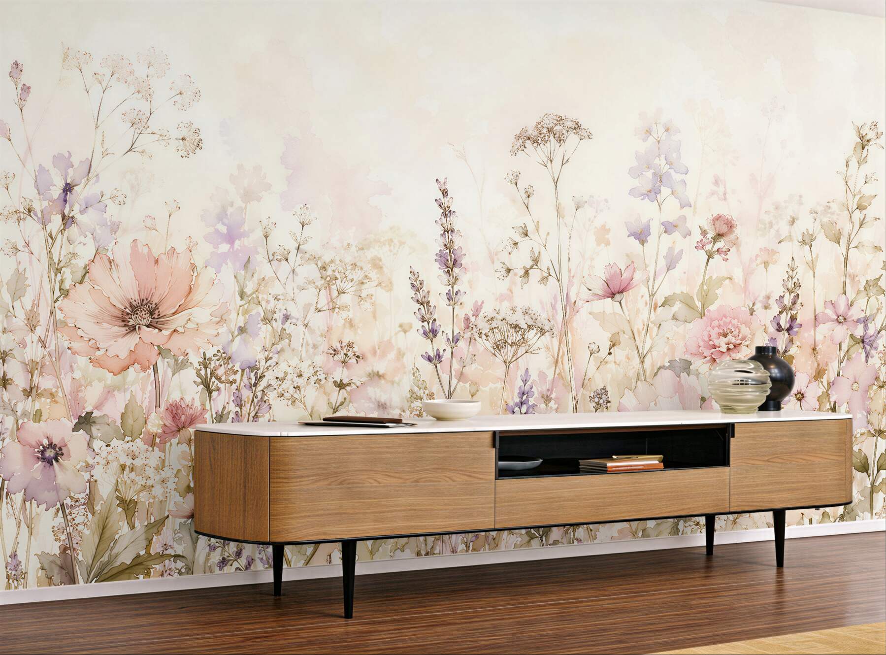 Papier peint prairie pastel dans des fleurs aquarelles