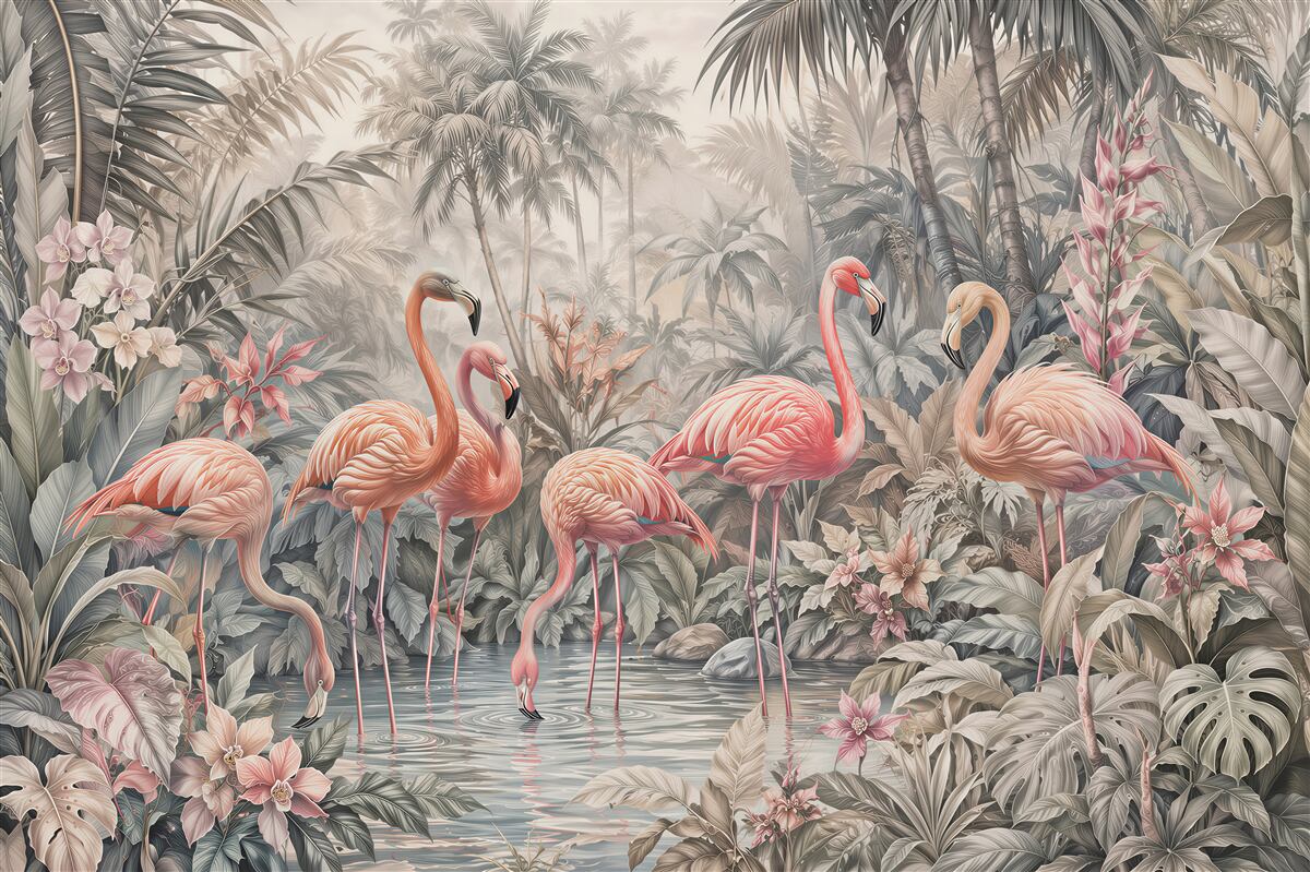 Papier peint flamants dans une jungle pastel