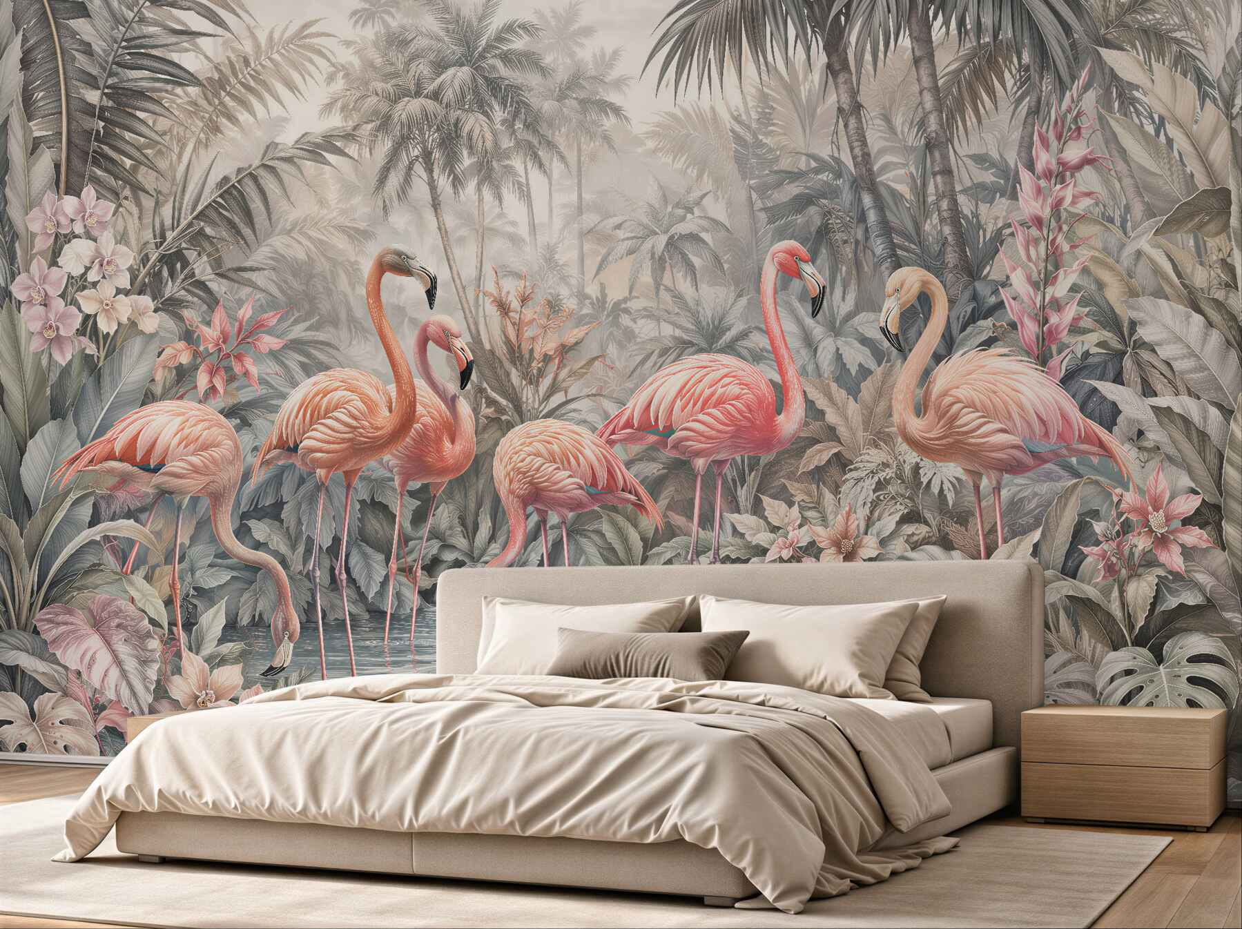 Papier peint flamants dans une jungle pastel