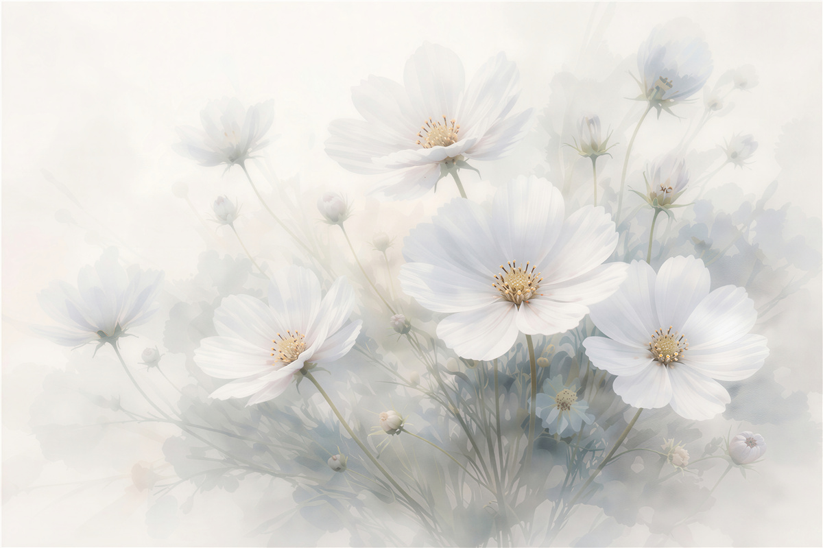 Papier peint fleurs blanches légères dans la brume