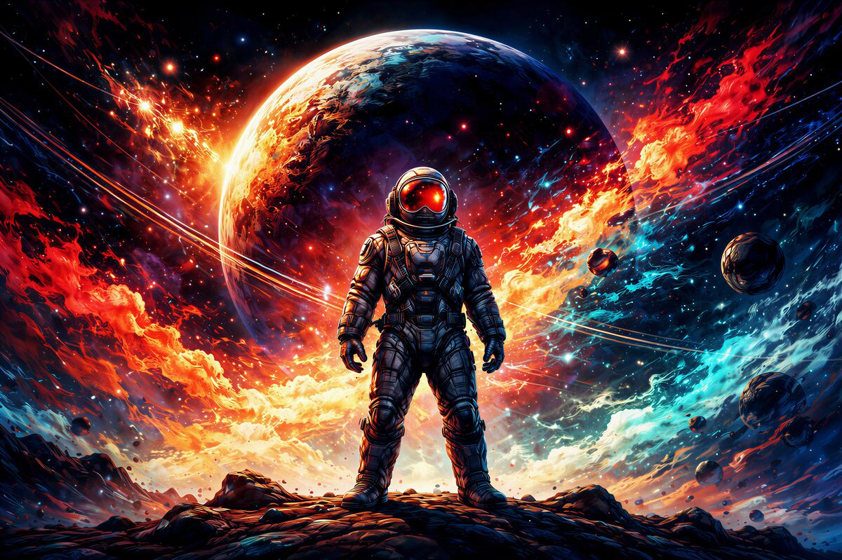 Papier peint astronaute cosmique dans une galaxie enflammée