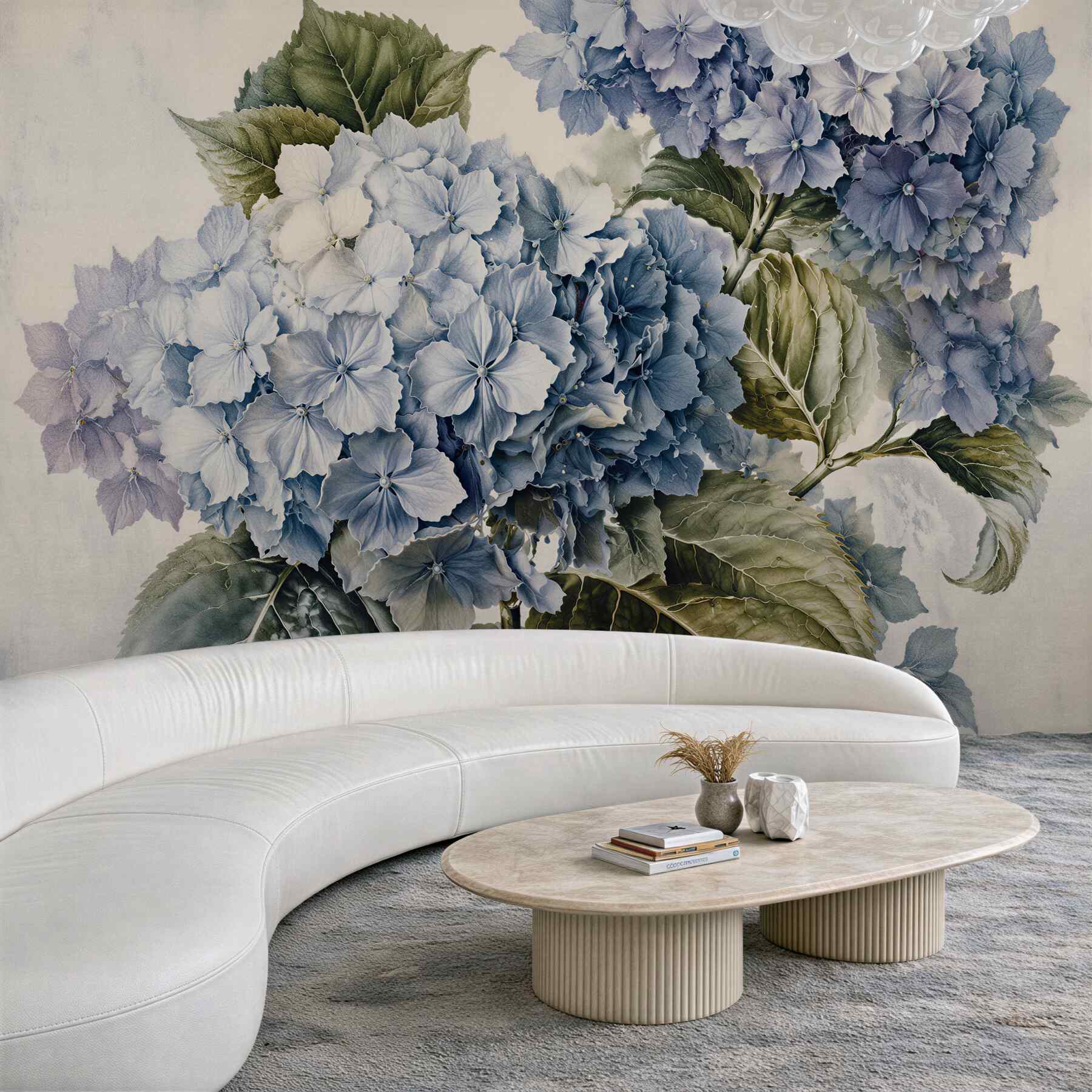 Papier peint hortensias bleues dans une version subtile