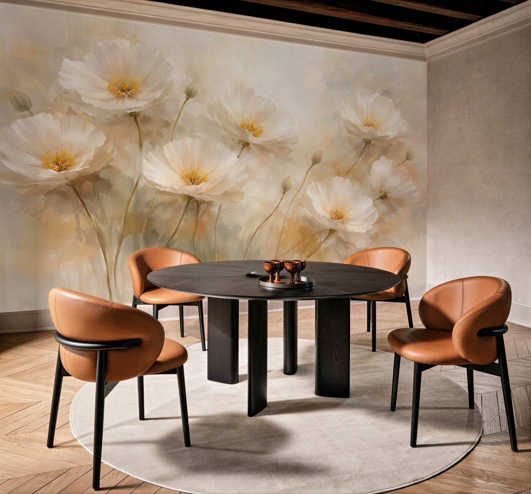 Papier peint fleurs crème dans une brume lumineuse