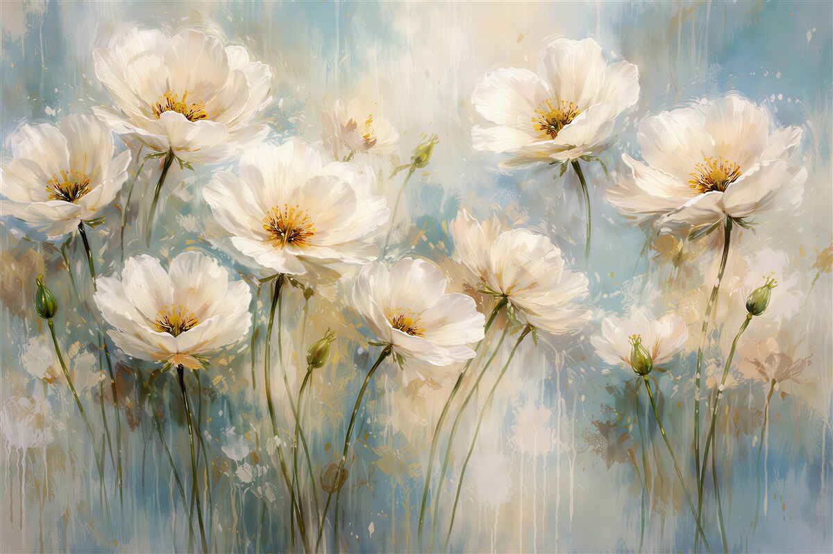 Papier peint fleurs blanches sur fond bleu