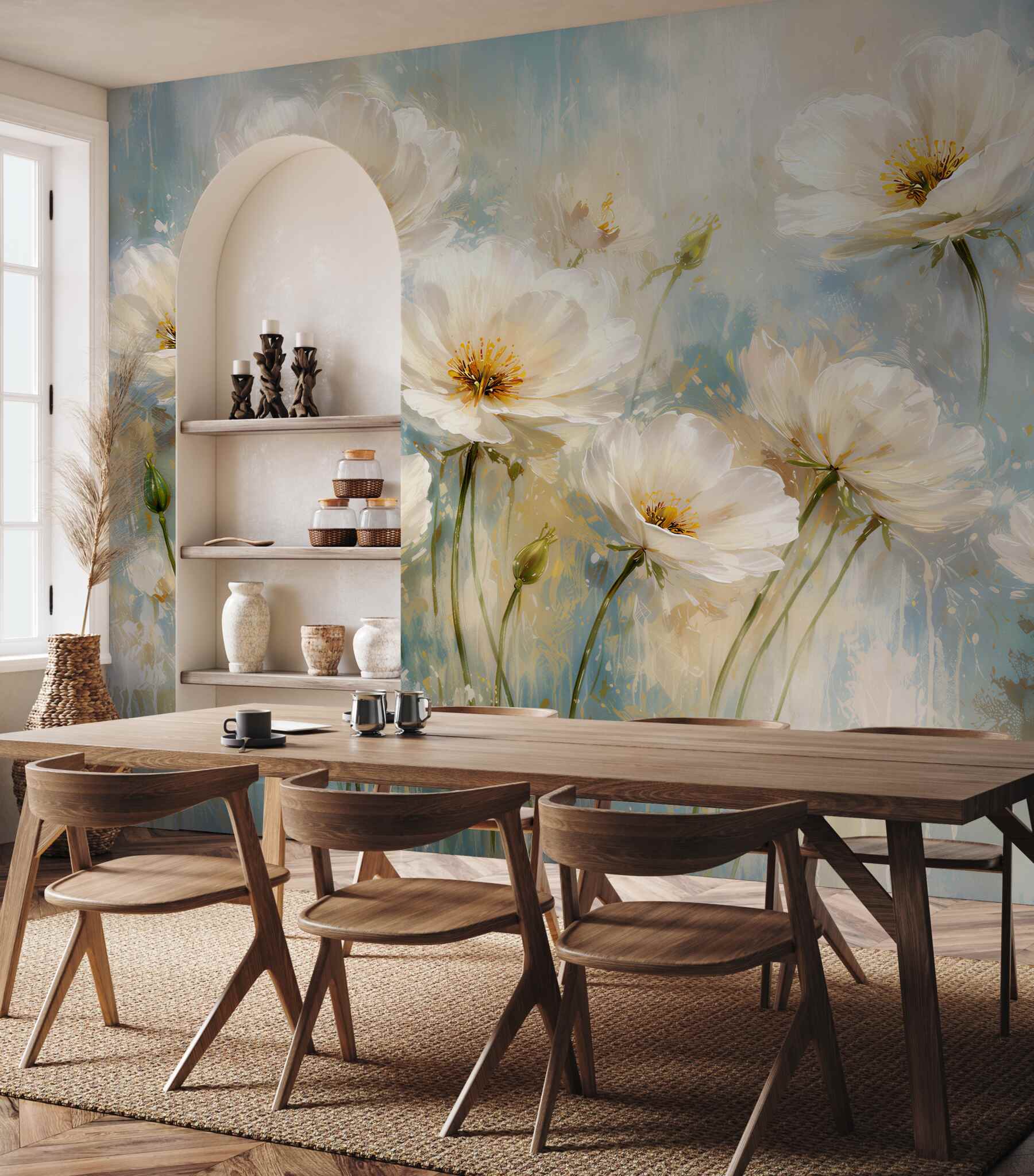 Papier peint fleurs blanches sur fond bleu