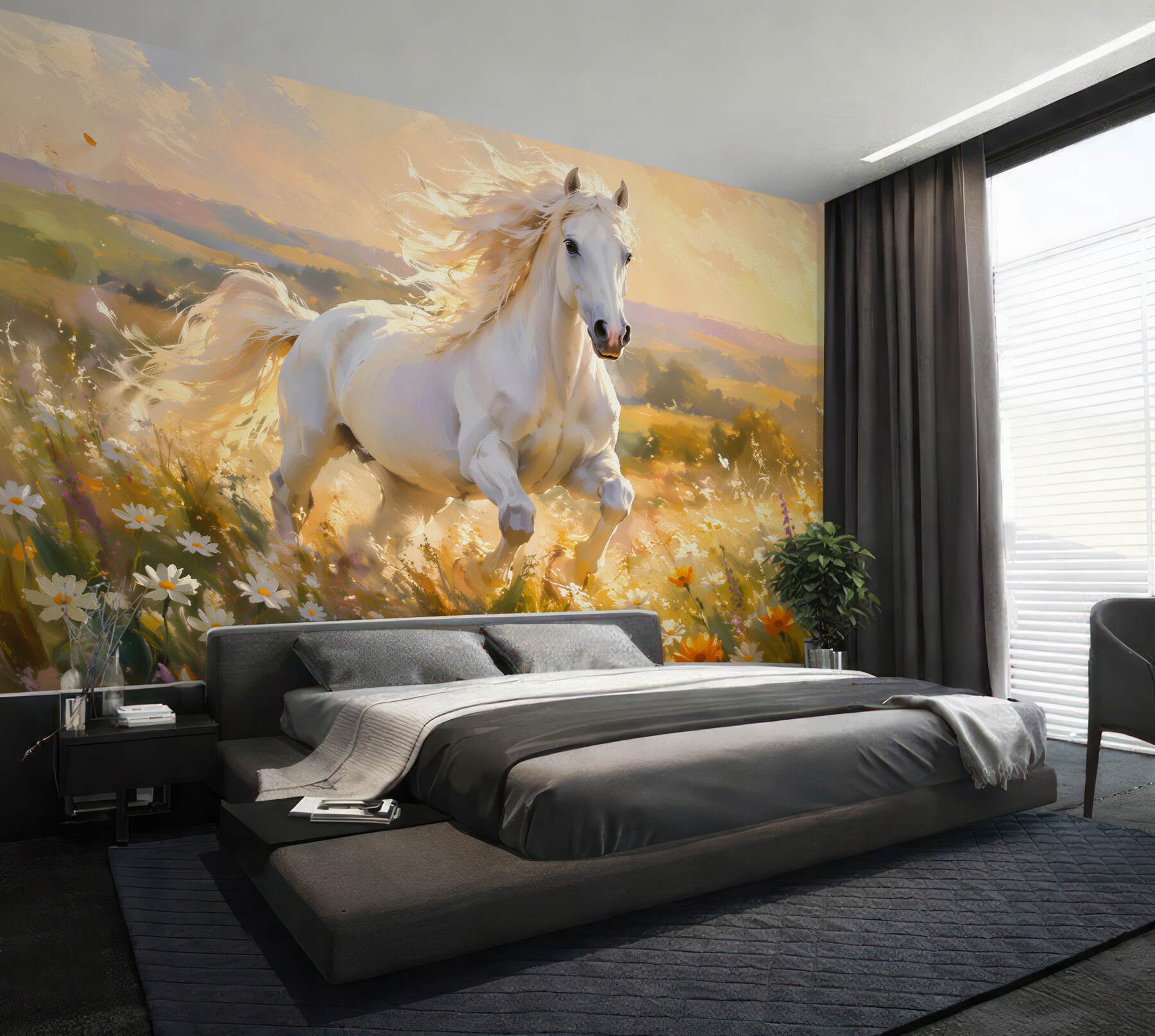 Papier peint cheval blanc au lever du soleil doré