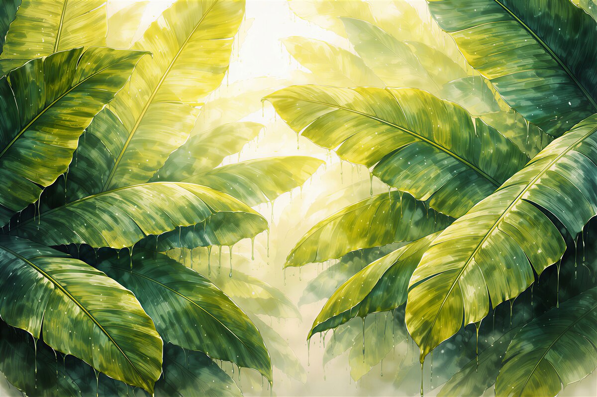 Papier peint feuilles tropicales dans une jungle lumineuse