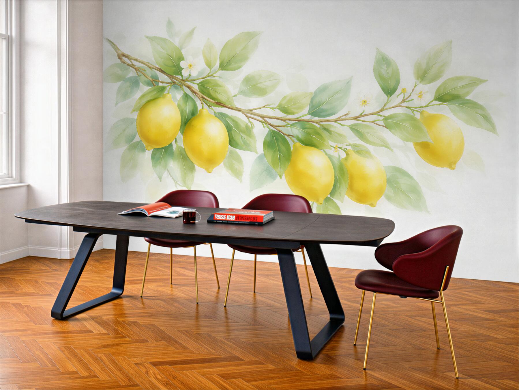 Papier peint branche de citron en aquarelle