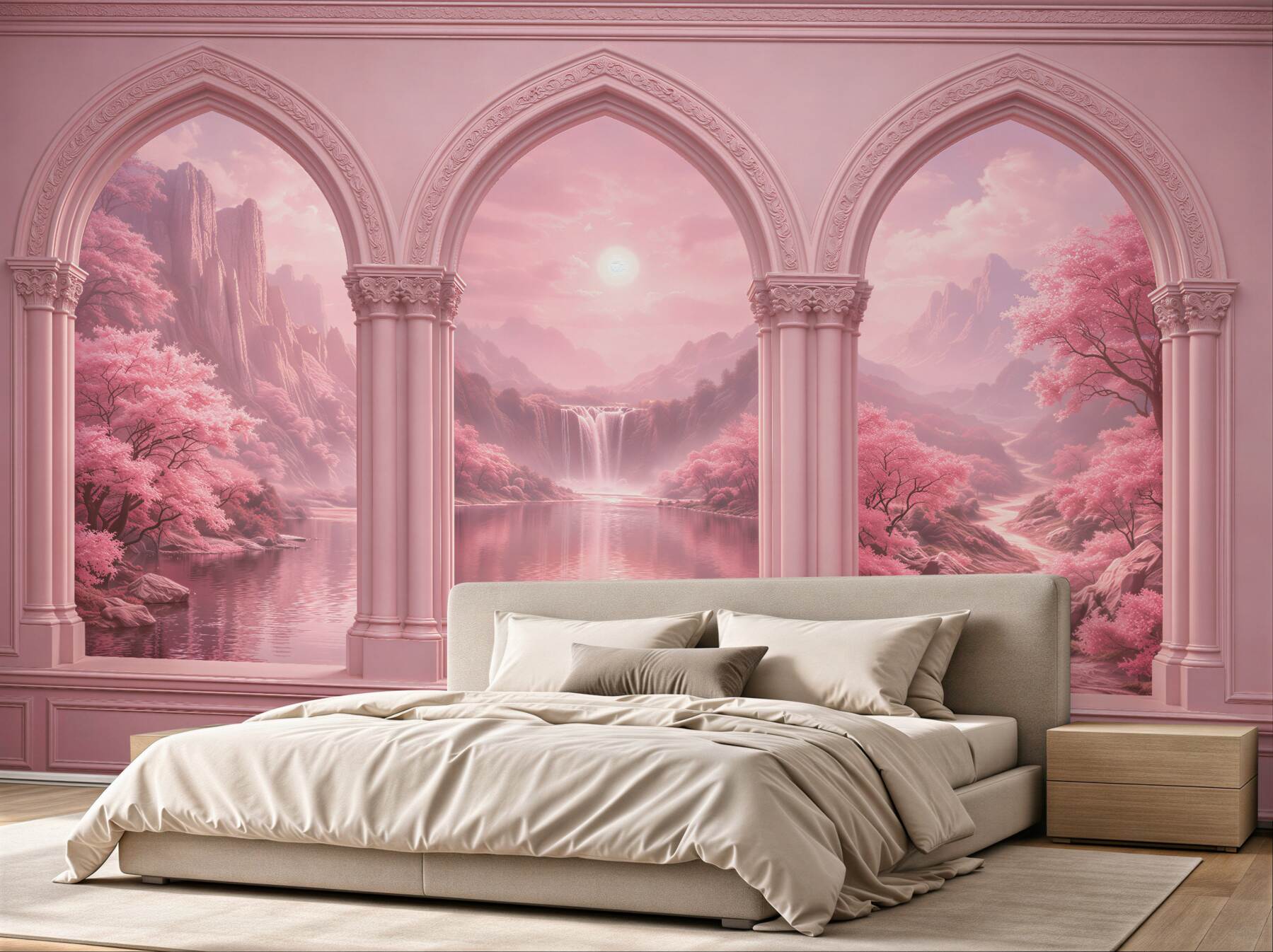 Papier peint arc rose avec paysage féerique