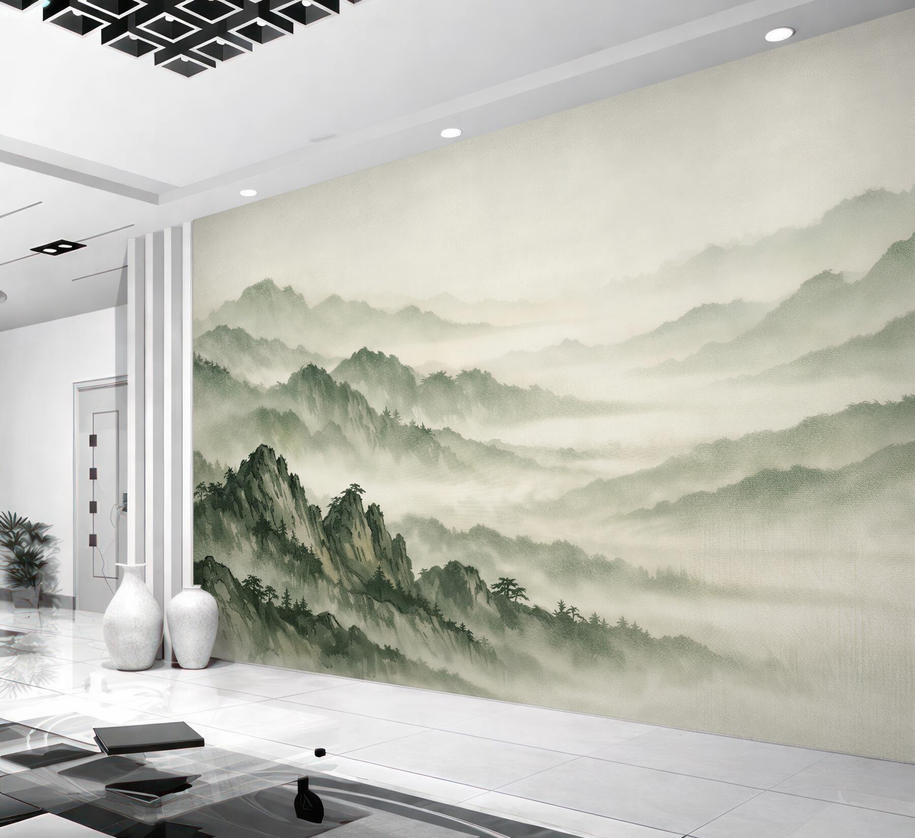 Papier peint montagnes brumeuses dans un style aquarelle