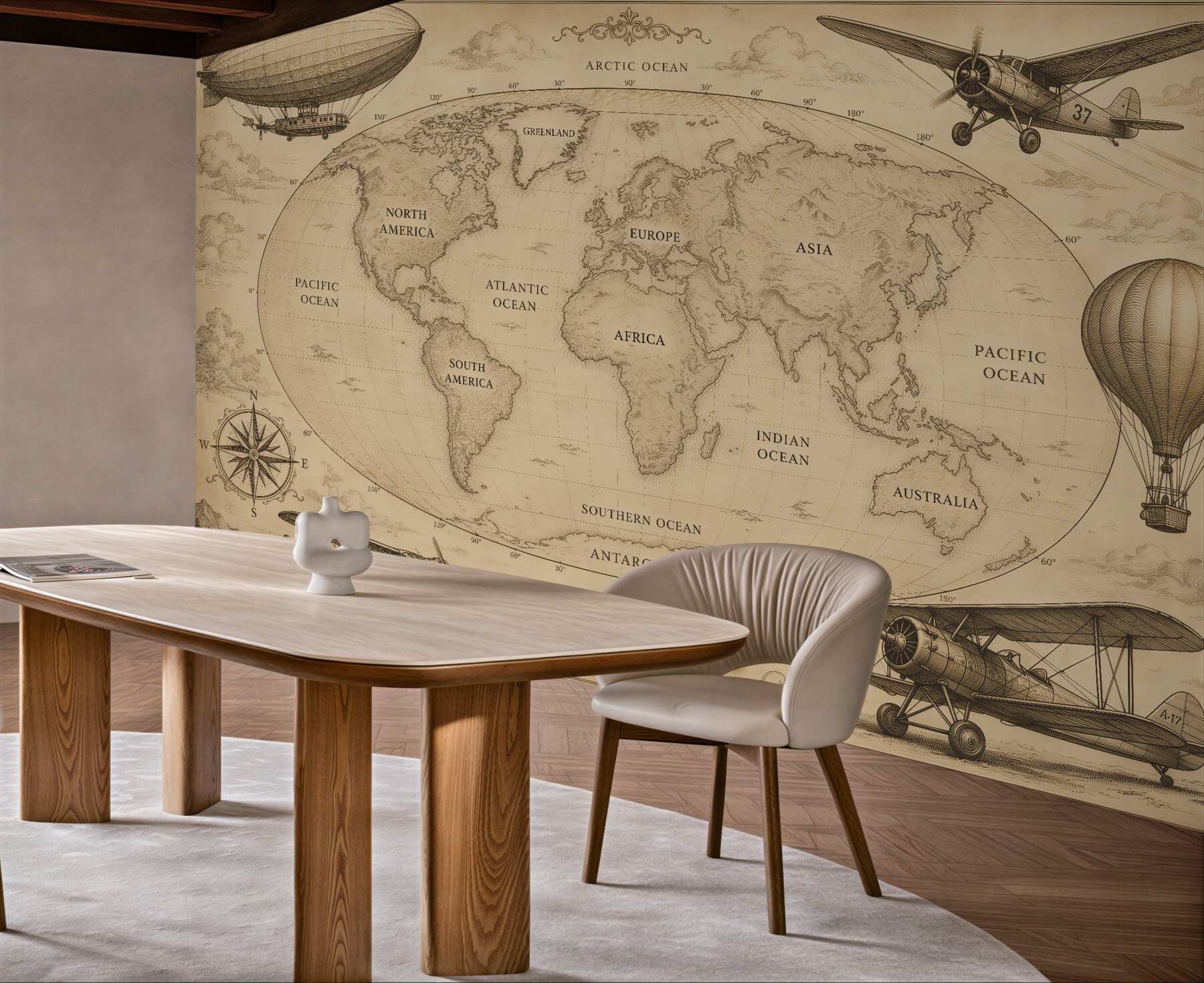 Papier peint rétro carte du monde avec avions