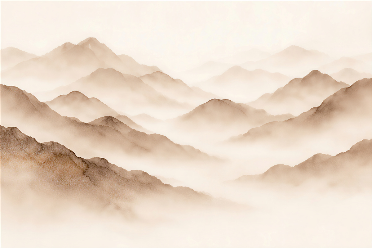 Papier peint paysage de montagne brumeux en beiges