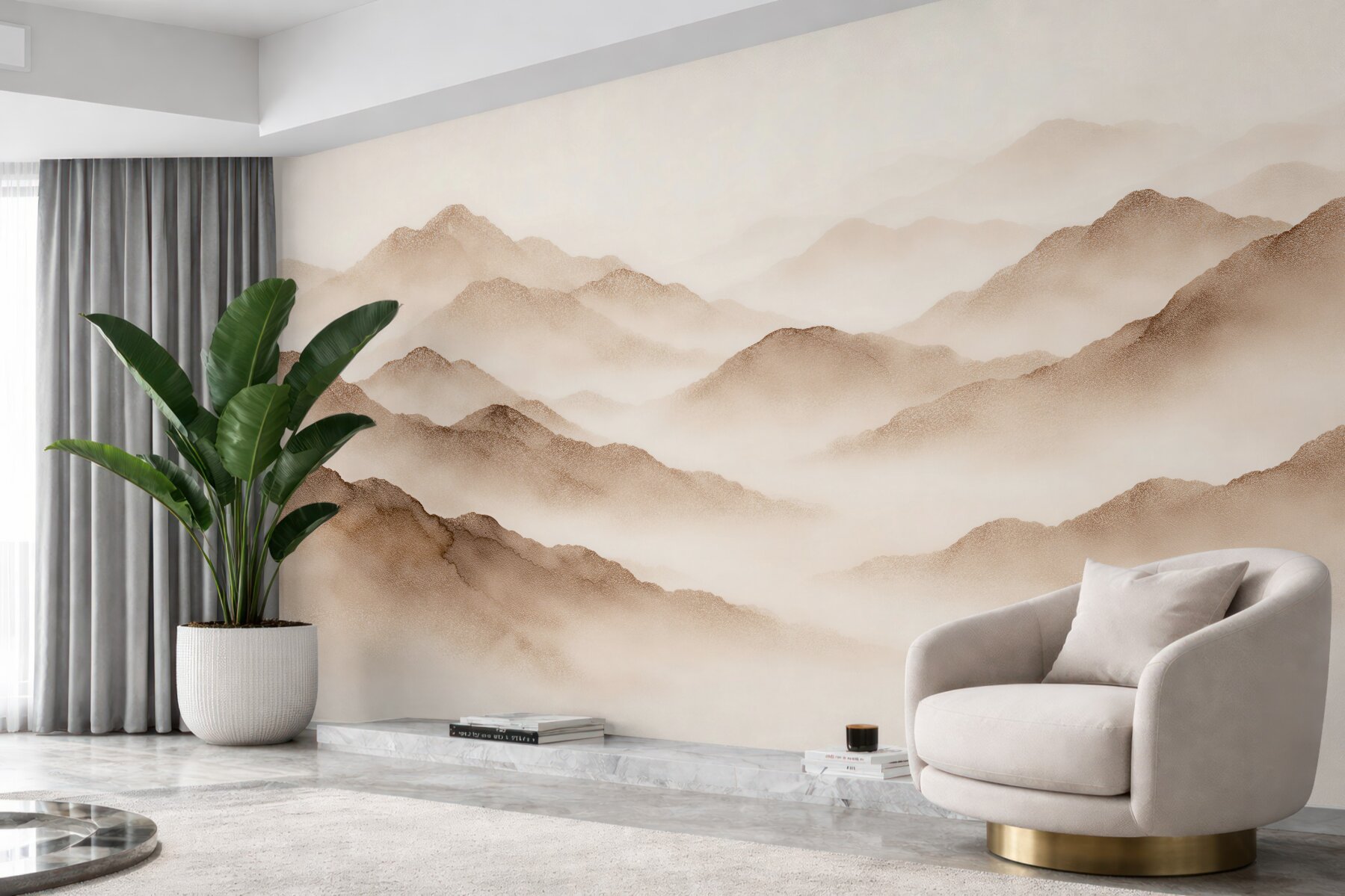 Papier peint paysage de montagne brumeux en beiges