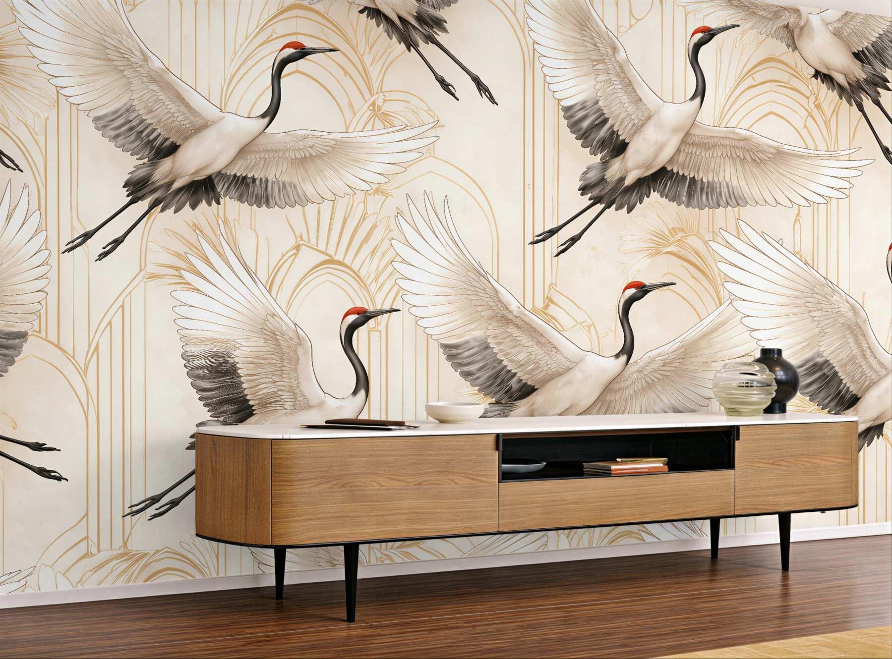 Papier peint grues dans un style art déco élégant