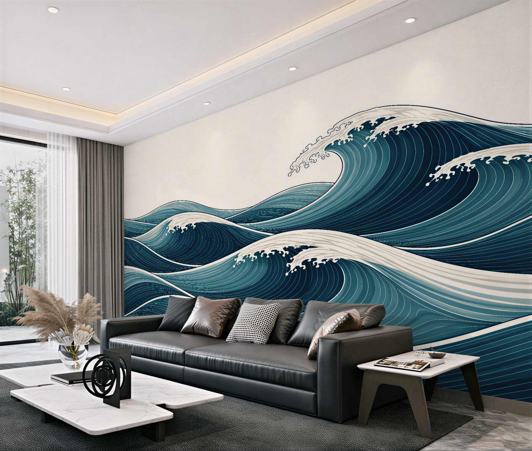 Papier peint vagues stylisées en bleu marine