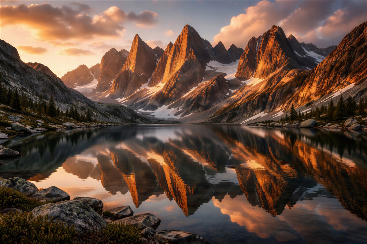 Papier peint sommets dorés au-dessus d'un lac de montagne
