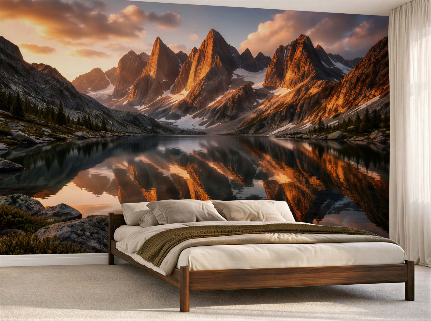 Papier peint sommets dorés au-dessus d'un lac de montagne