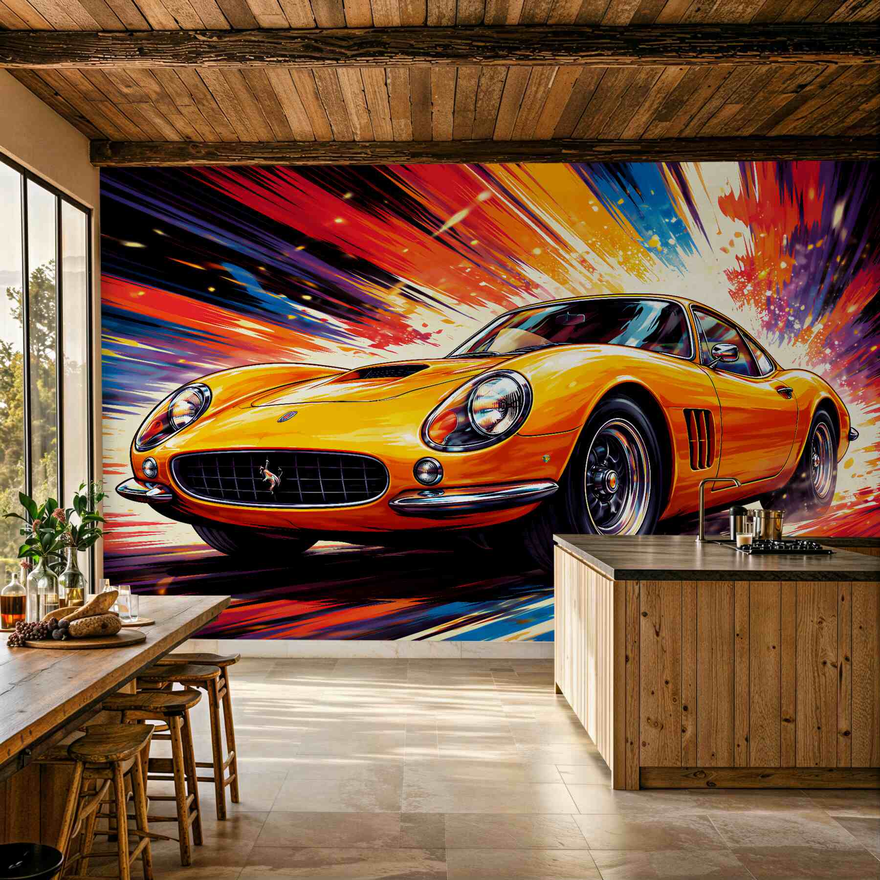 Papier peint voiture orange en mouvement artistique
