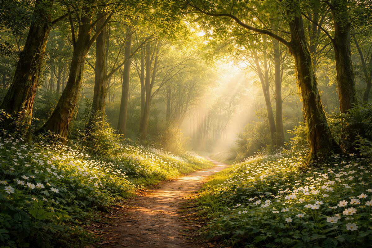 Papier peint chemin forestier sous les rayons du soleil