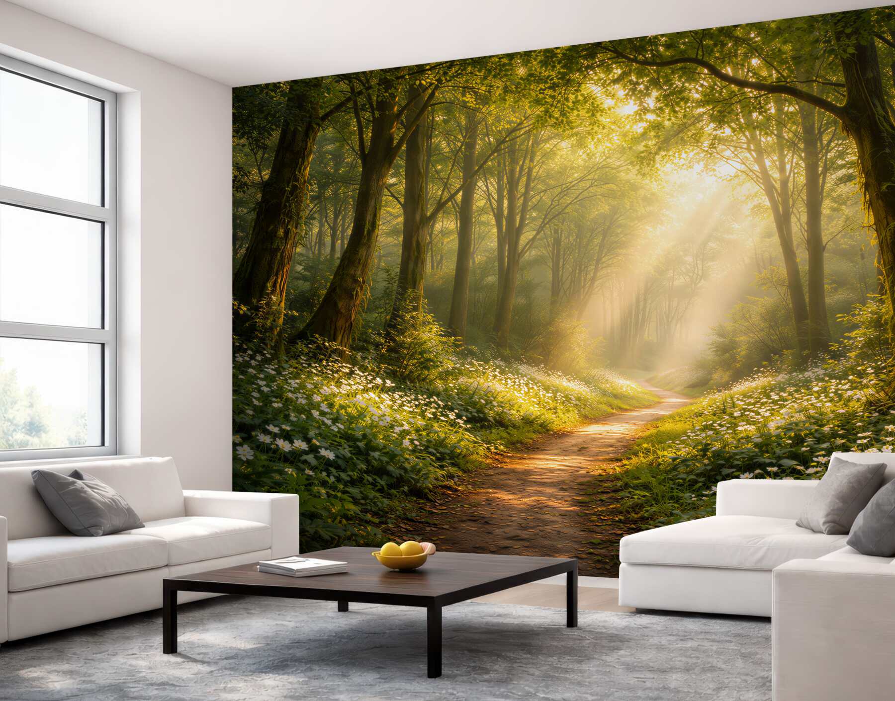 Papier peint chemin forestier sous les rayons du soleil