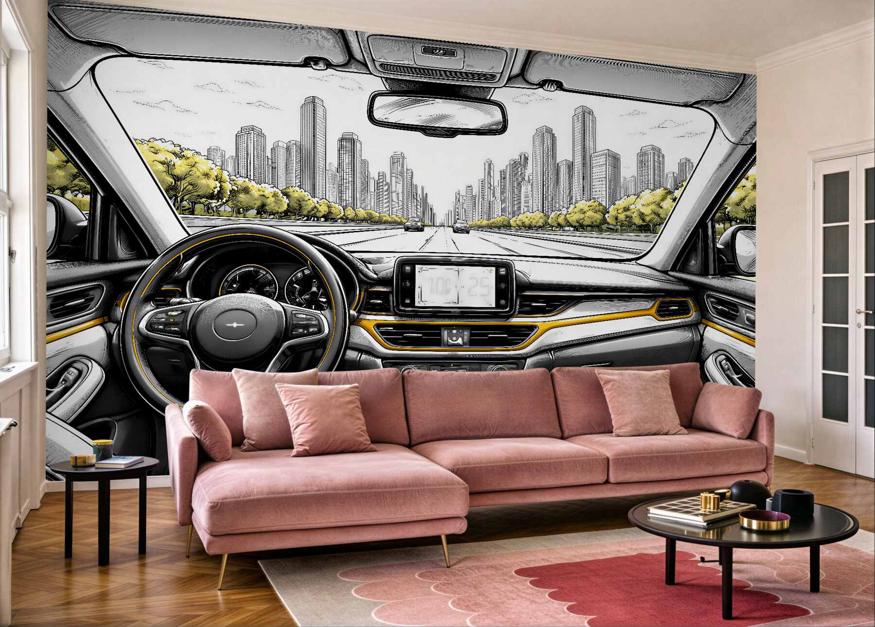 Papier peint conduite urbaine depuis l'intérieur de la voiture