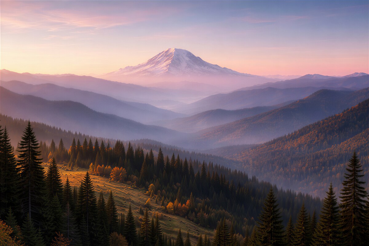 Papier peint lever de soleil montagnard sur une vallée forestière