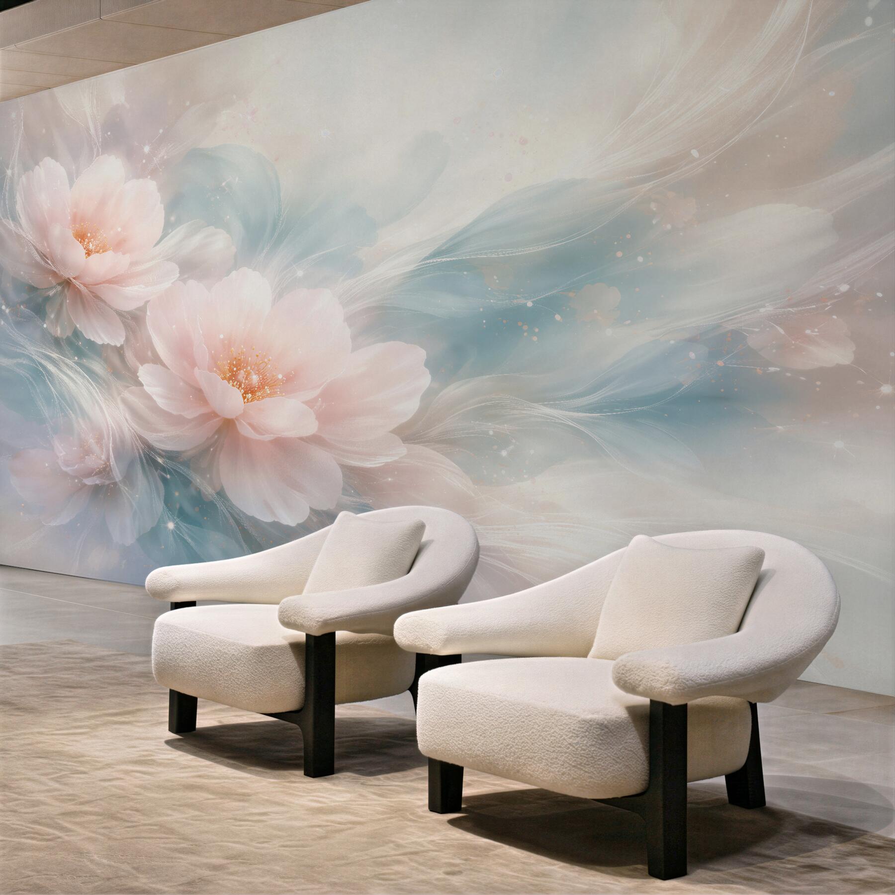Papier peint fleurs pastel dans une brume lumineuse