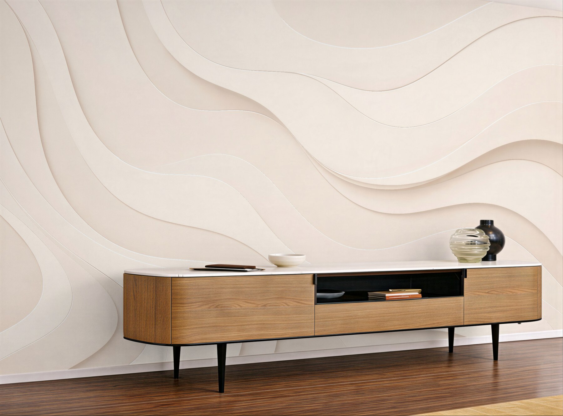 Papier peint couches ondulées crème 3d