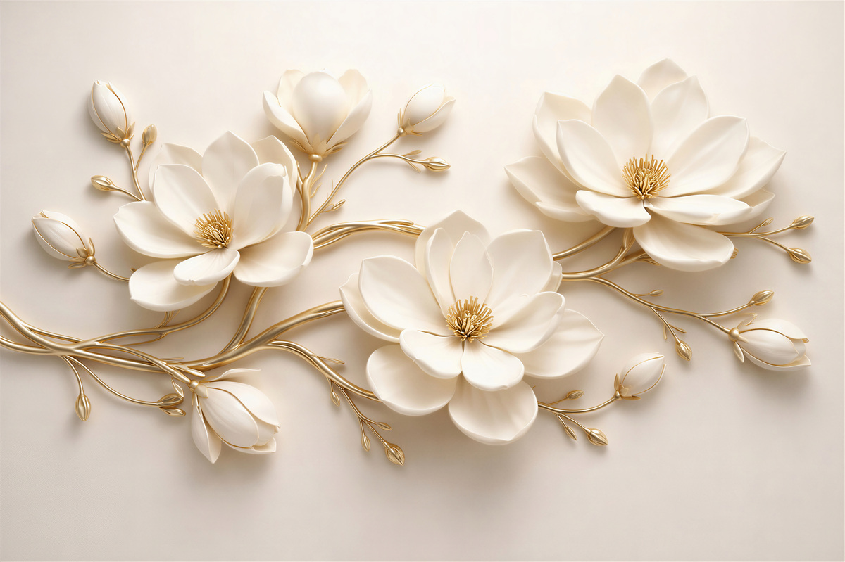 Papier peint magnolias crèmes avec or