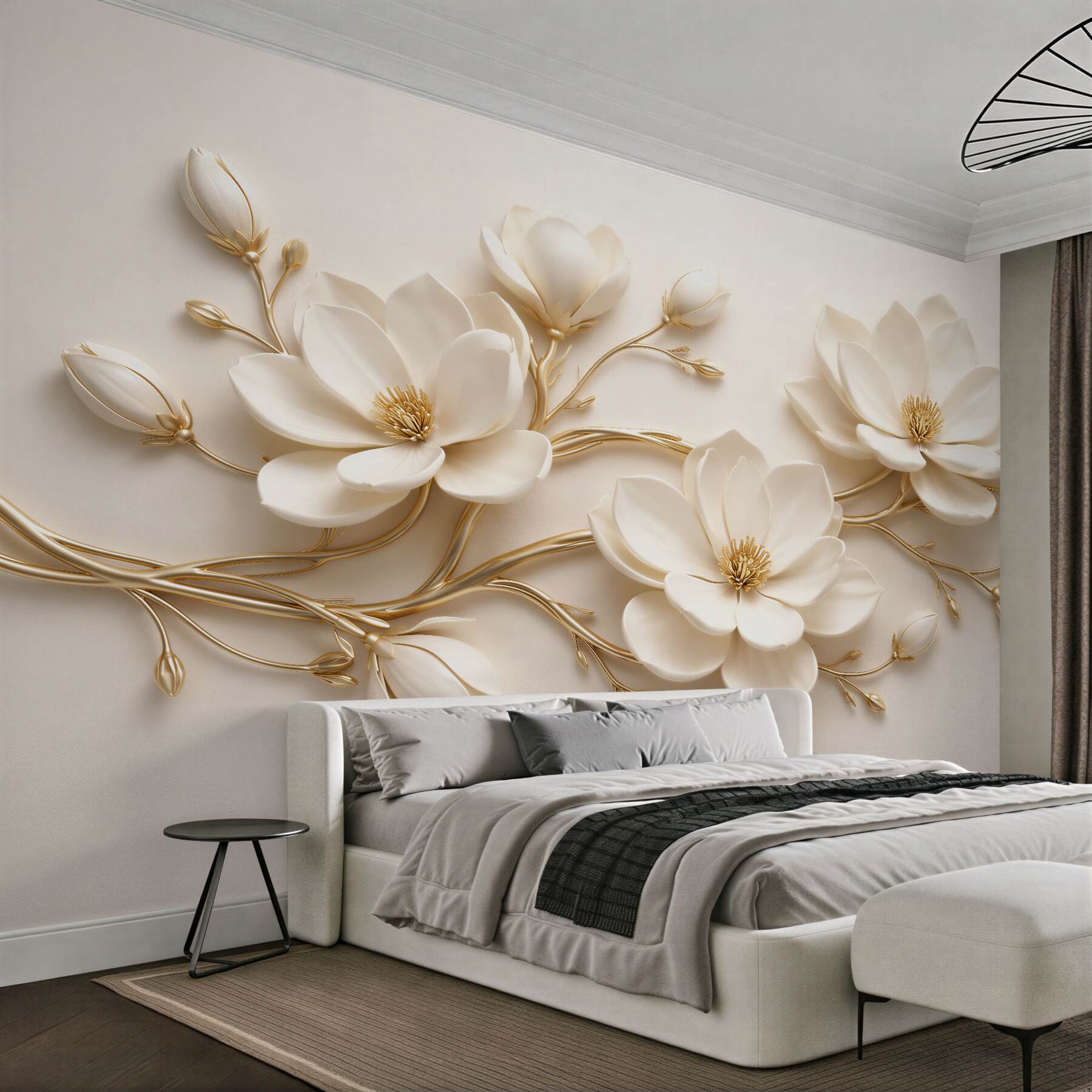 Papier peint magnolias crèmes avec or