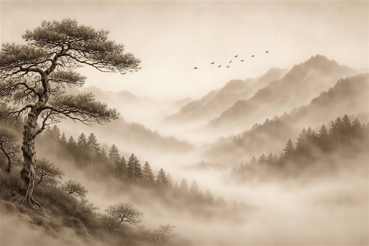 Papier peint paysage montagneux brumeux avec pin