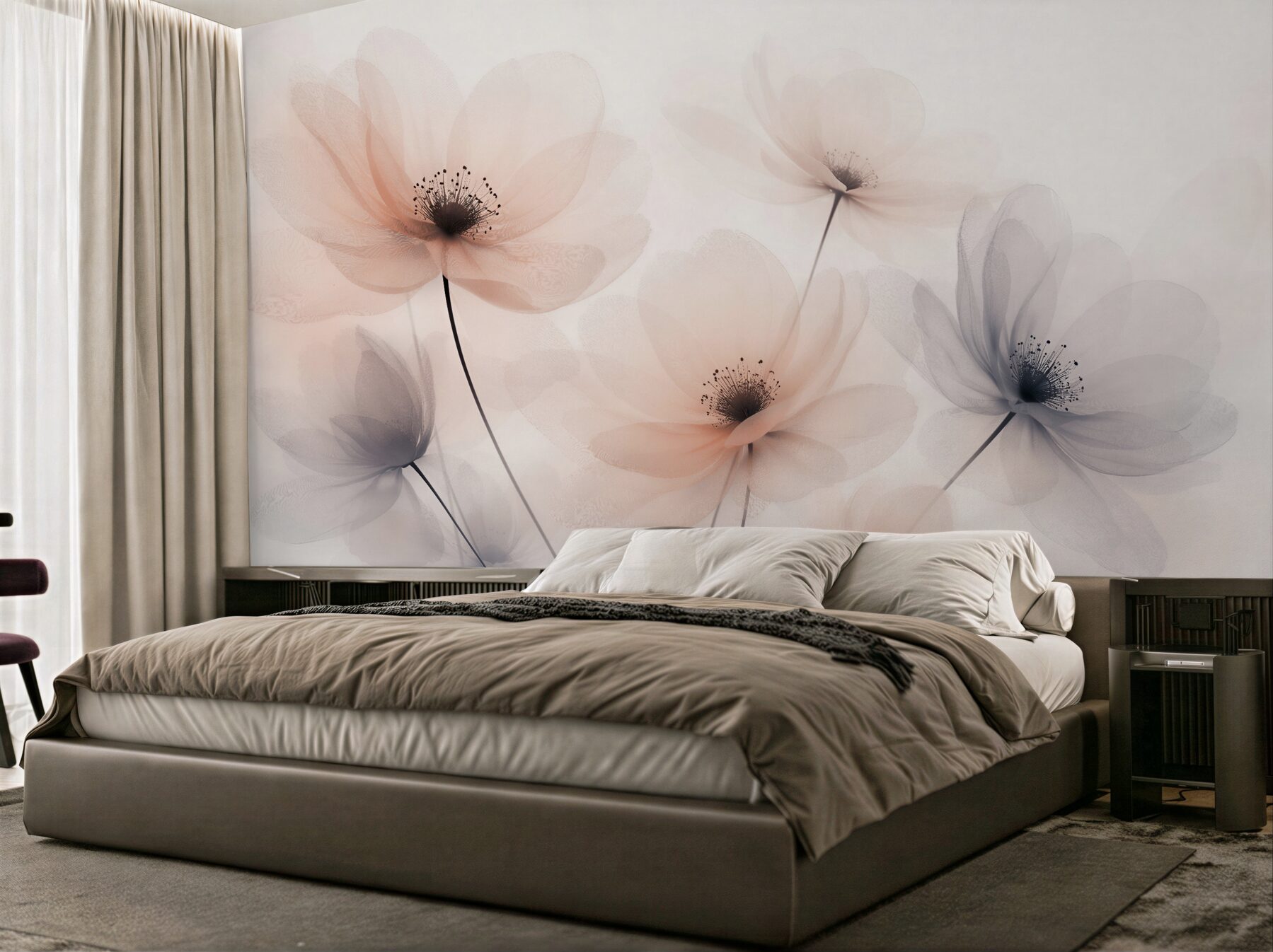 Papier peint fleurs éthérées dans une brume pastel