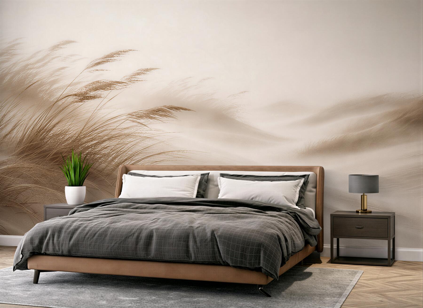 Papier peint dunes beiges avec herbes