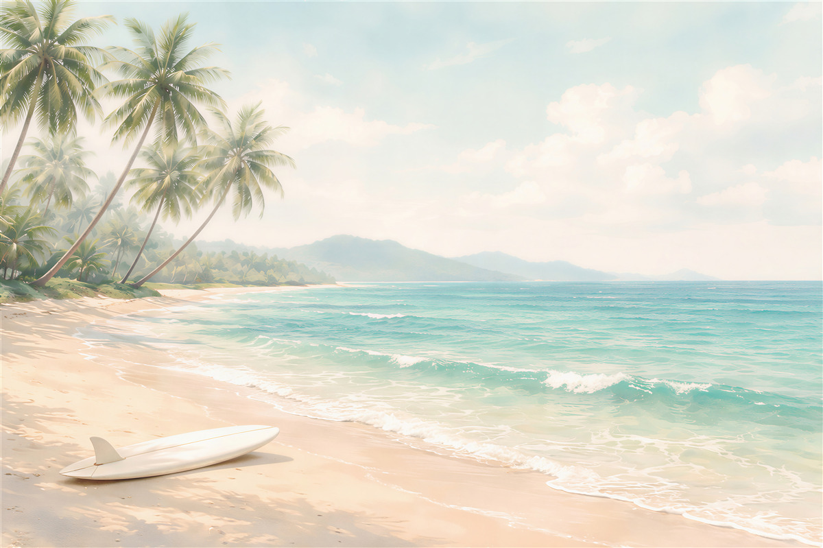 Papier peint plage paradisiaque avec des palmiers