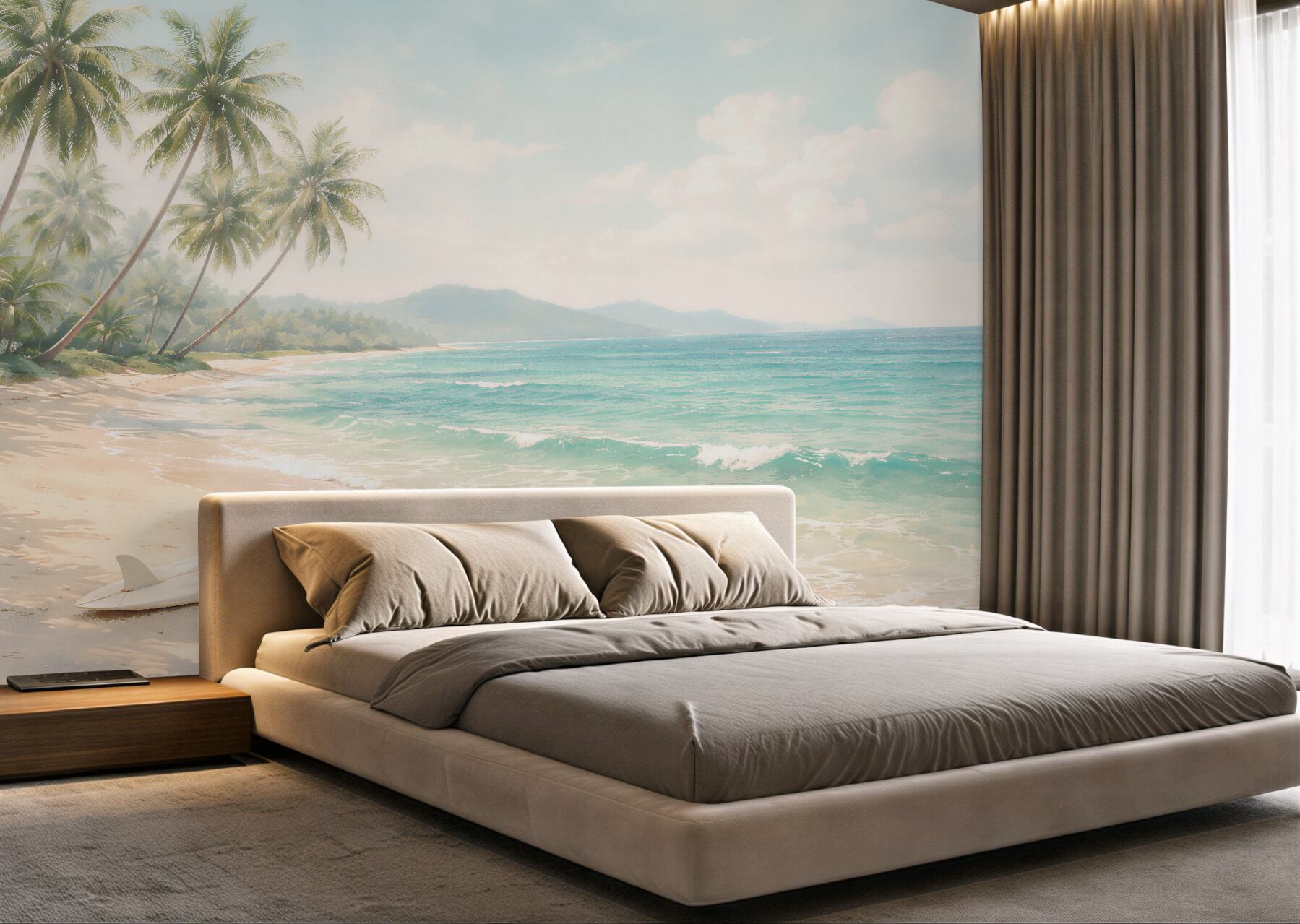Papier peint plage paradisiaque avec des palmiers