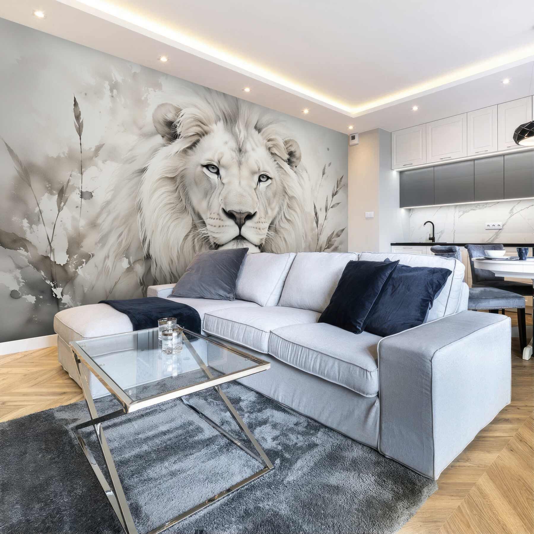 Papier peint lion blanc en aquarelle subtile