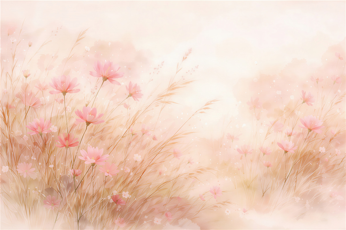 Papier peint prairie pastel de fleurs roses
