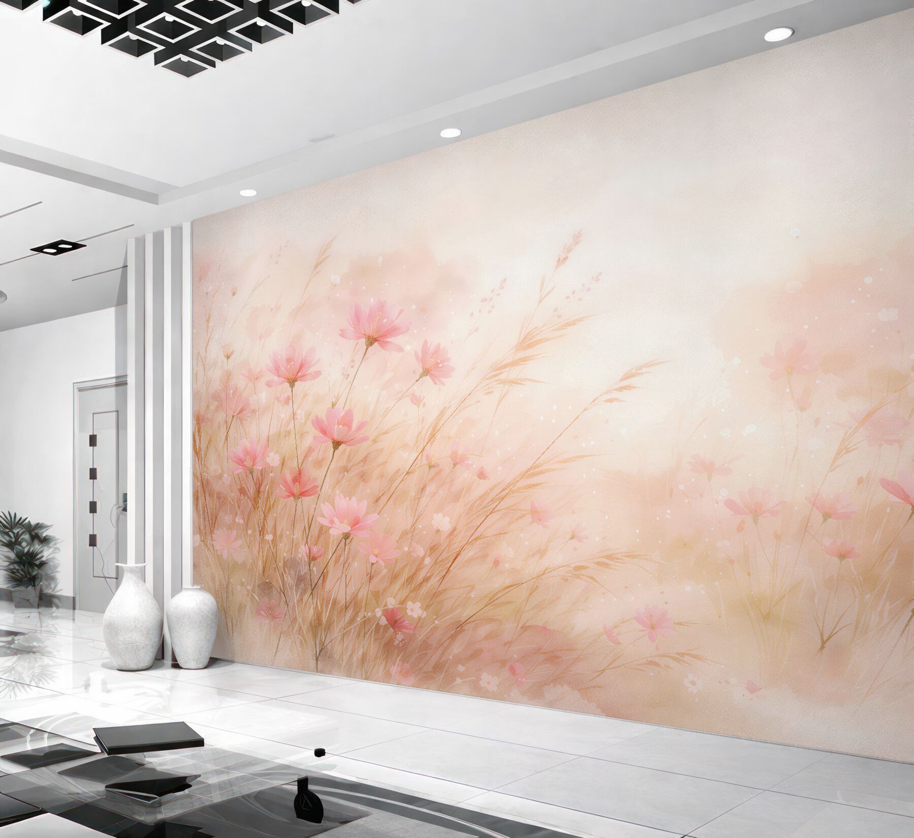 Papier peint prairie pastel de fleurs roses