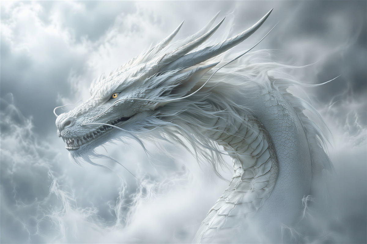 Papier peint dragon blanc dans des nuages orageux