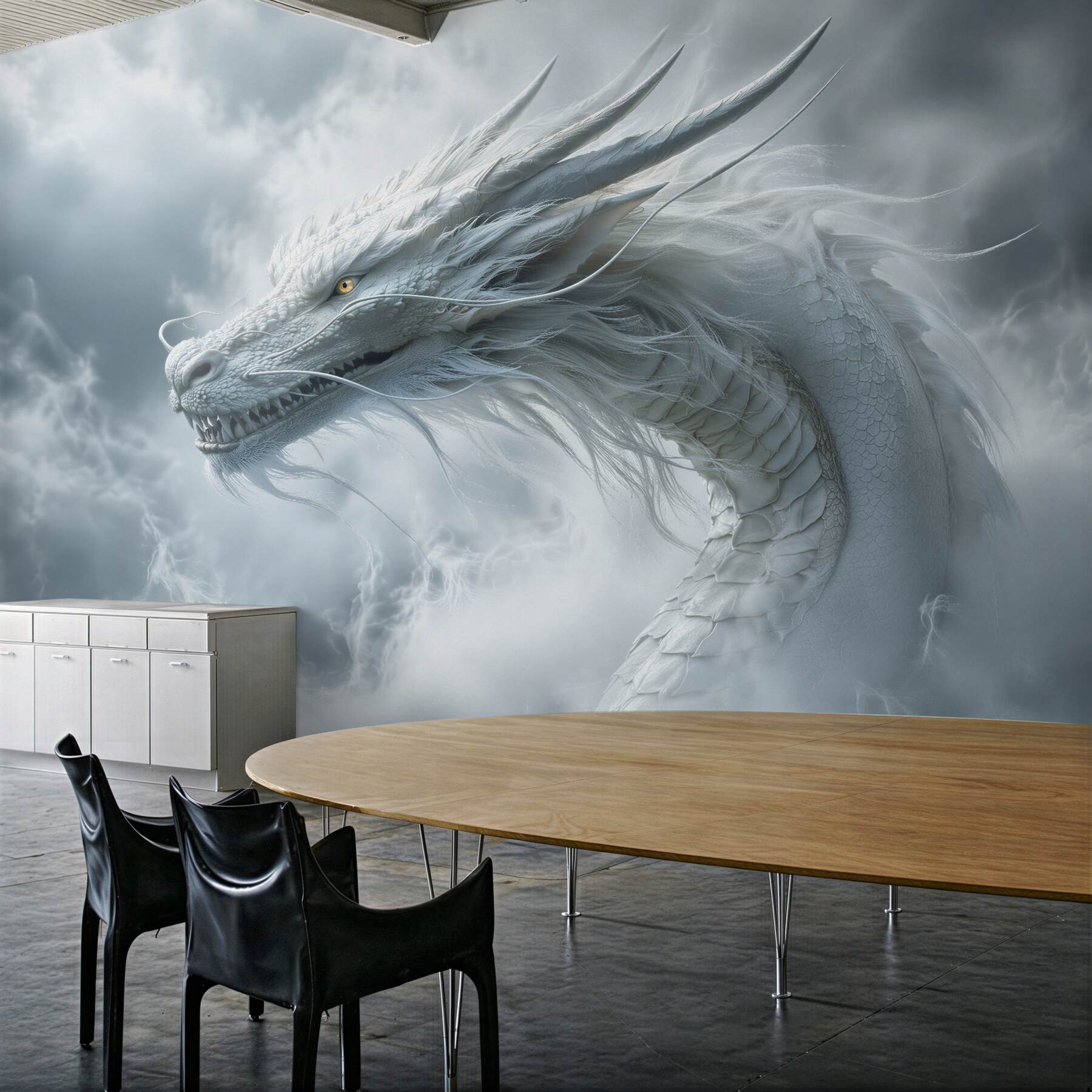 Papier peint dragon blanc dans des nuages orageux