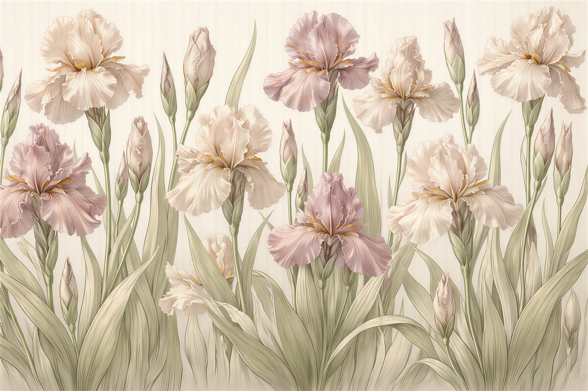 Papier peint iris poudré dans un jardin délicat