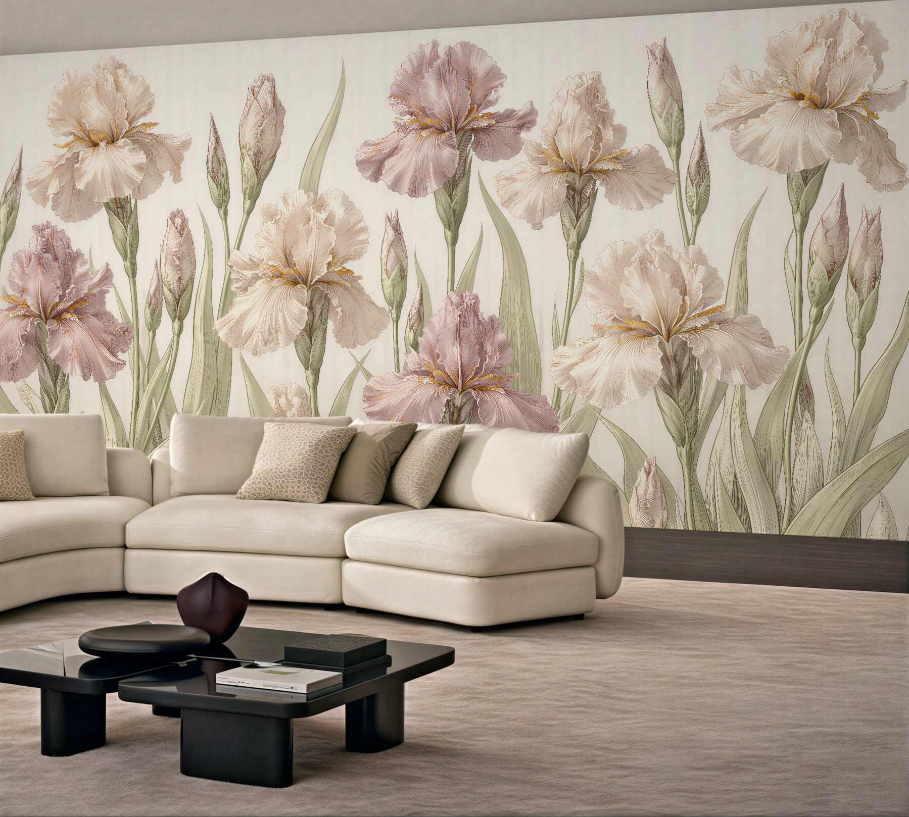 Papier peint iris poudré dans un jardin délicat