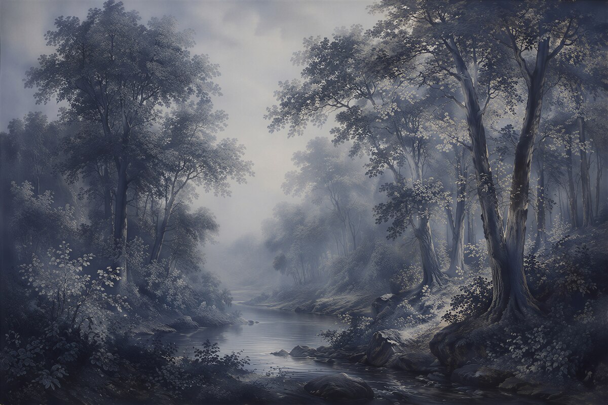 Papier peint ruisseau forestier brumeux