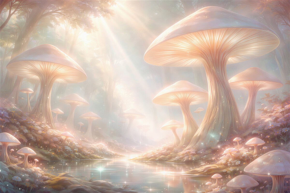 Papier peint forêt féerique de champignons lumineux