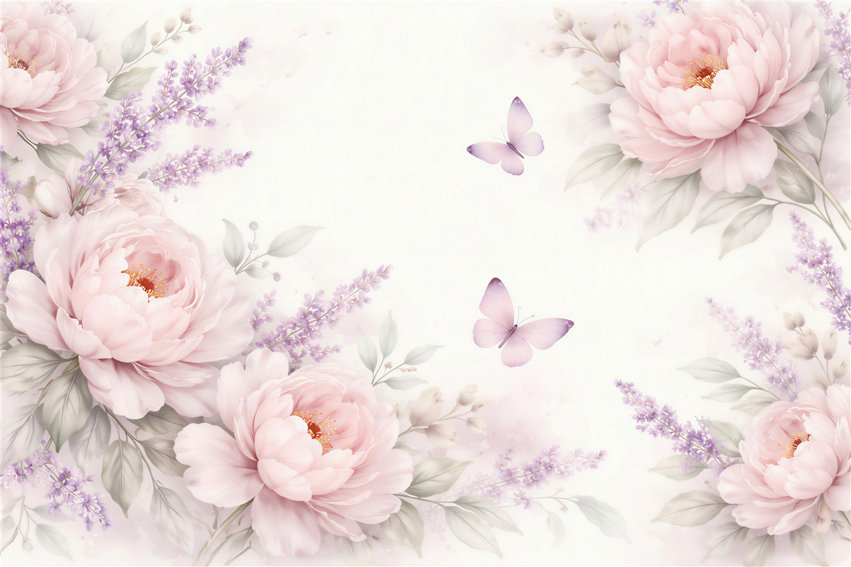 Papier peint pivoines roses avec lavande et papillons