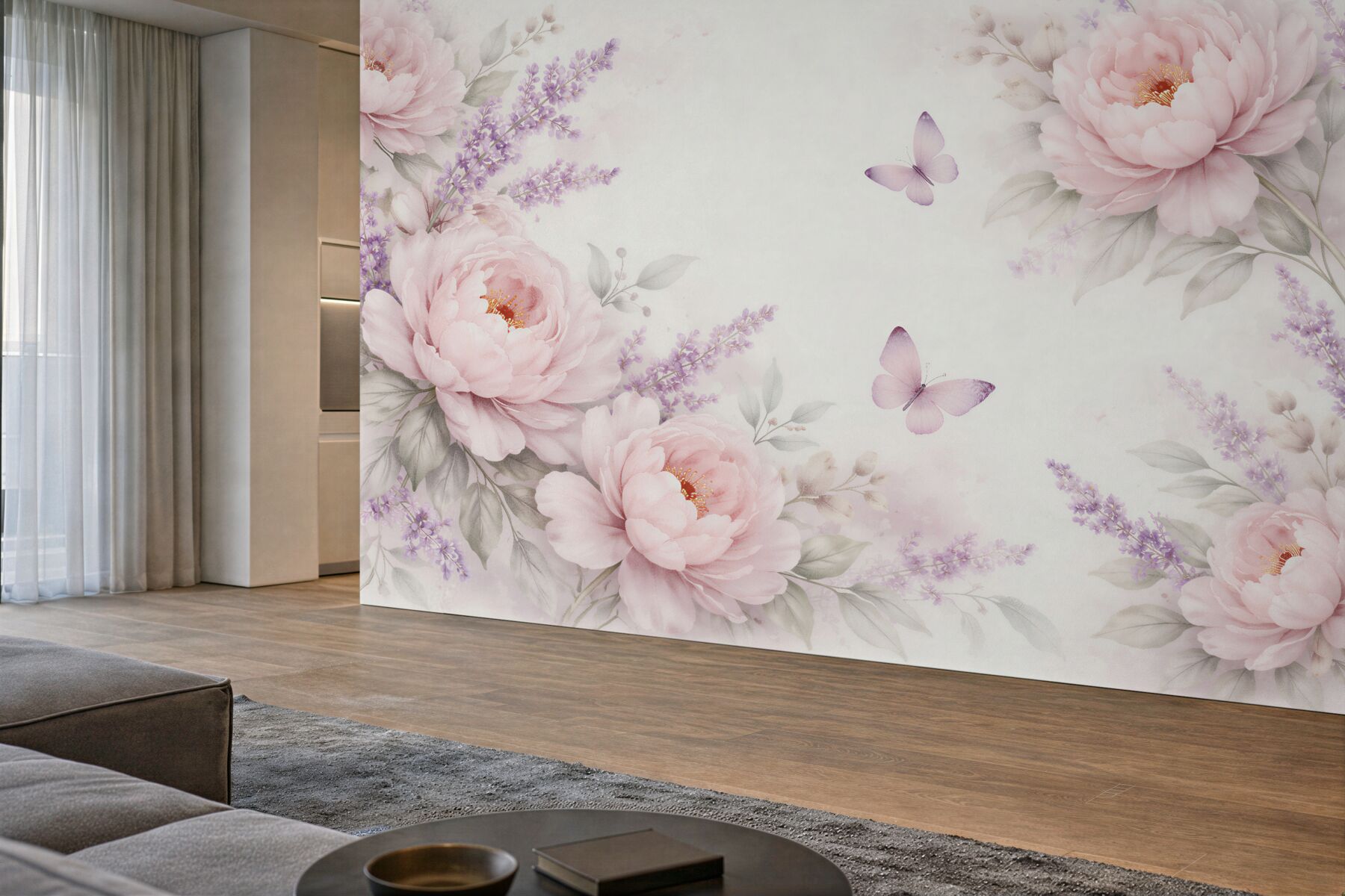Papier peint pivoines roses avec lavande et papillons