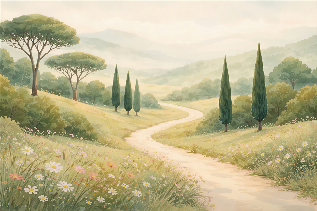 Papier peint chemin ensoleillé parmi les cyprès